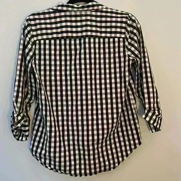 ANNE KLEIN Navy Checkered 3/4 Length Sleeve Tie Front Button Down Shirt Top - Picture 4 of 4
